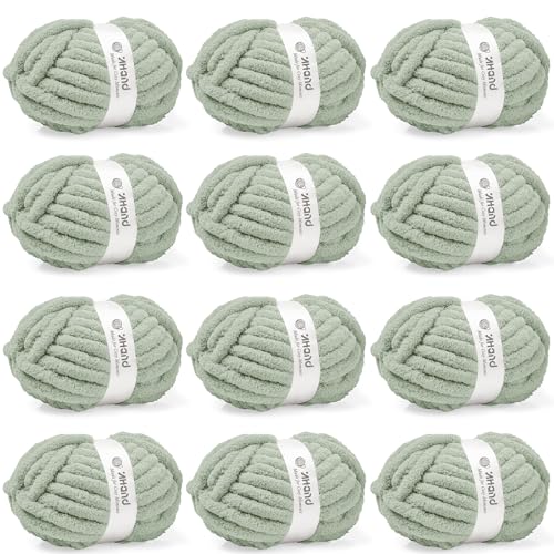 Image of Inhand Meadow Green Chunky Chenille Yarn for Hand Knitting,Thick Bulky Christmas Blanket Yarn for Crocheting,Soft Fluffy Yarn for Crochet holiday Gifts for Women /Beginners,12 Pack (29.5Yds /8.4oz Each)