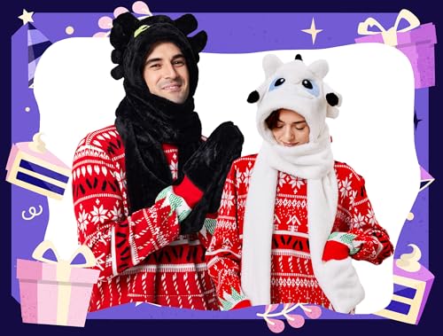 dressfan 3 in 1 Plüsch Schwarz Drachen Hut Schal Handschuhe Set für Damen & Herren, Weicher Winter Warme Beanie Hut, Neuheit Lustige Geburtstagsgeschenke