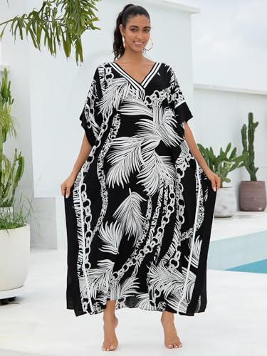 Image of KECVOT Kaftan Dresses for Women V-Neck Print Swimsuit Cover Up Plus Size Beach Caftan Lounge Dress