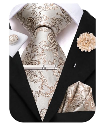 Image of Hi-Tie Silk Champagne Paisley Ties for Men Floral Jacquard Necktie and Pocket Square Lapel Pin Silver Tie Clip Cufflinks Set Wedding Business 6PCS