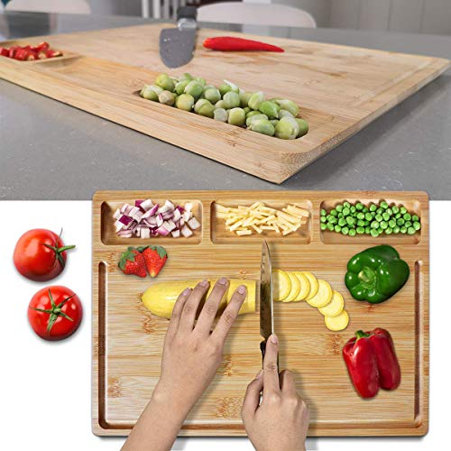 image for HHXRISE Organic Bamboo Cutting Board, With 3 Built-In Compartments And