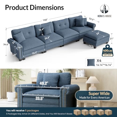 Image of HERA'S HOUSE 150 inch Oversized L Shaped Modular Sectional Couch Living Room | Mid-Century Modern 5-Seater Cloud Sofa, Blue, Rolled Arms & Nailhead Trim, Wider & Deeper Seats, Ottoman, Linen