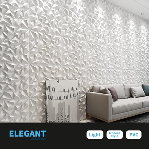 Image of Kayra Decor 3D PVC Wall Panels - Small Diamond Design, White Color 19.7 inch x 19.7 inch (Pack of 6) - Covers 16.17 Sq. Ft.