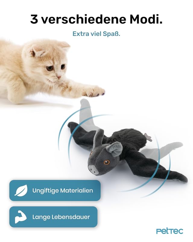 PetTec - Plush Toy Murciélago Juguete interactivo para el autoempleo - Gato de peluche portátil y recargable con USB-C incl. hierba gatera - Despierta el instinto de caza con pitido y alas
