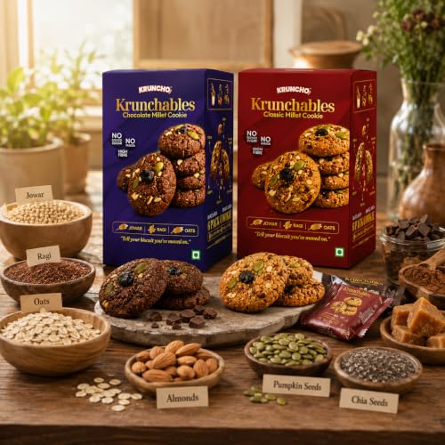Image of KRUNCHO BY NVI Krunchables Millet Cookies Variety Pack | Chocolate & Classic Flavours | No Refined Sugar, No Maida | Made with Jowar, Ragi & Oats | 2 Boxes, 180g Total