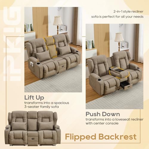 Image of IPKIG 67 inch RV Loveseat Double Recliner Sofa with FILP Back Console, Storage Drawer, Side Pockets, Lychee Pattern Tech Fabric Manual Reclining Chair Home Theater Seating (Khaki)