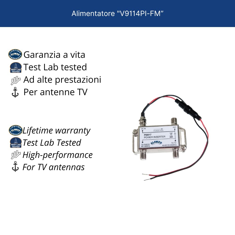 Glomex – Alimentatore Splitter TV/FM/DAB 12Vdc, Modello V9114PI-FM – 2 Uscite Indipendenti, Per Antenne VT300/RA304TV, Per barche a vela, motore, gommoni, yacht – Distribuzione Segnale Efficace