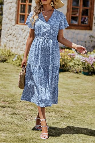 PRETTYGARDEN Summer Floral Dress for Women 2025 Casual Boho Short Sleeve Maxi Dresses V Neck Tiered Flowy Beach Sundress
