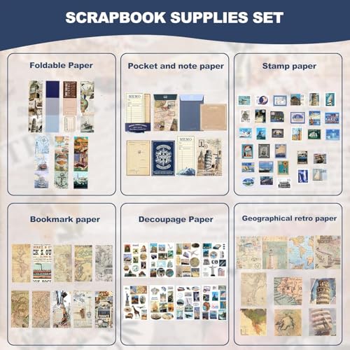 Image of VIBE VISTA Vintage Aesthetic Scrapbook Kit, 346 Pcs, A6 Grid Notebook, Washi, Envelopes, Scrapbook Papers, Folding Labels, Background Papers, Photo Frames, Calendar Stickers, Stickers (Global Travel)