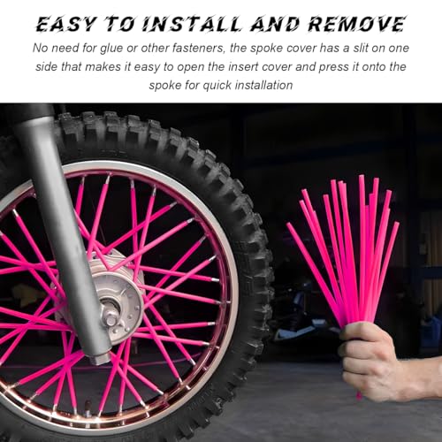 Image of 72PCS Dirt Bike Spoke Covers, Motorcycle Spoke Skins Wheel Wraps Pipe for 8 inch-21 inch Rims, Dustproof Wheelchair Rim Decoration Protector Pipe Trim for Bicycle Dirt Pit Bike (Pink)