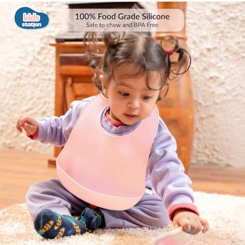 Image of Kids Station Silicone Baby Bib for Feeding & Weaning BPA Free, Soft Adjustable Neckline with Buttons, Washable & Reusable, Ideal for Babies & Toddlers 6 to 36 Months - Pink
