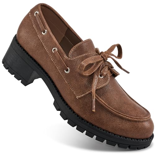 Image of Ablanczoom Platform Oxford Shoes for Women : Lace Up Women's Platform Chunky Loafers with Lug Sole Dress Shoes for Work Business Brown