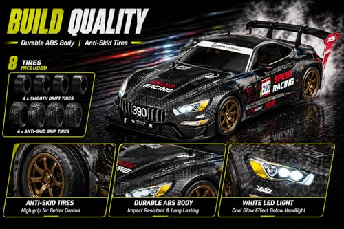 Image of 1:16 or 1 16 RC Drift Car, 2.4GHz Remote Control Racing Car, 4WD High Speed with LED Lights, Proportional Throttle, Extra Drift Wheels for Kids (Black & Grey)