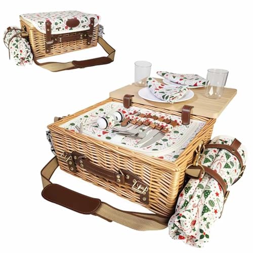 Image of Wicker Picnic Basket Kit Set for 2 Adults with Blanket and Folding Wine Table,Multifunctional Picnic Set Insulated Portable Storage Capacity Full Tablewares,Camping,Outdoor,Wedding Gifts,Beach