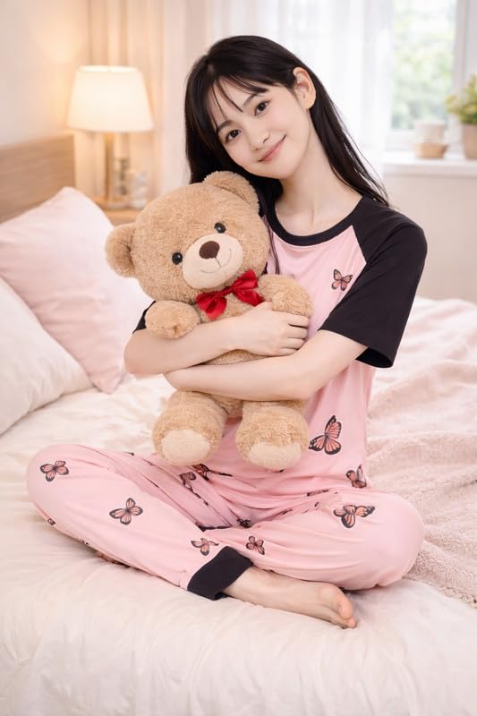Image of Women's Pajama Set with Top & Pants|| Korean Night Wear|| Loose Fit Home Wear || Lightweight Printed Set || Soft & Comfy Girls & Women