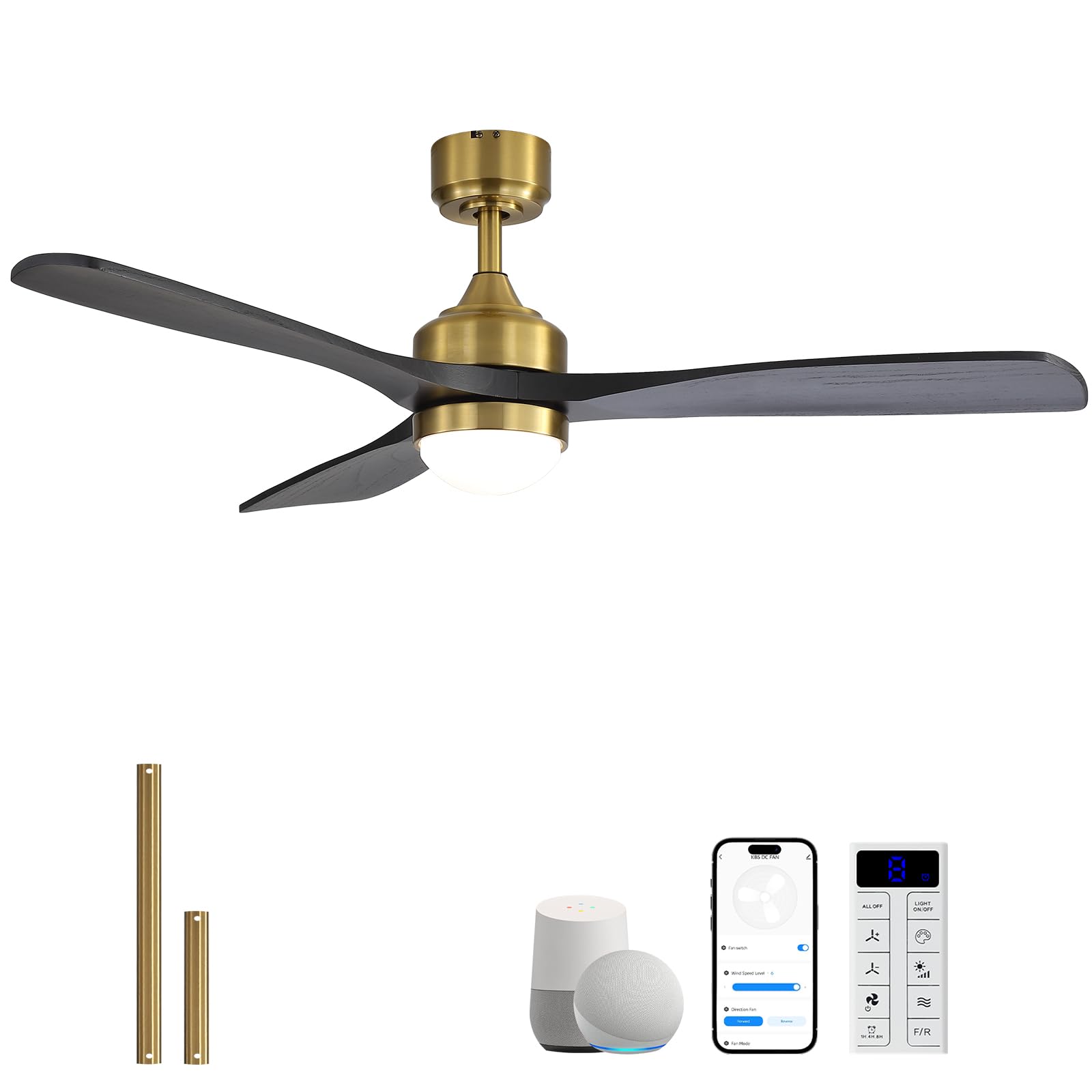 Sofucor Smart Ventilatore da Soffitto con Luce,132 cm Legno Massello Ventilatore da Soffitto con Alexa/APP/WiFi, Telecomando, DC, 3 Temperature di Colore, Timer, 6 Velocità per Camera da Letto