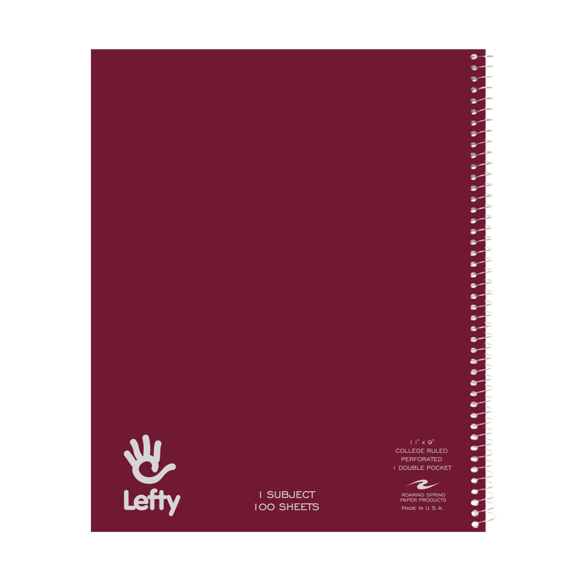ROARING SPRING Lefty Spiral Notebook, Left-Handed One Subject Notebook, 11" x 9", 100 Sheets, College-Ruled, Perforated, Assorted Saranac Covers, Made in USA