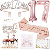 8pcs 17th Birthday Decorations for Girls, Including 17 year old Birthday Cake Topper, Birthday Queen Sash with Pearl Pin, Sweet Rhinestone Tiara Crown, Number Candles and Balloons Set, Rose Gold