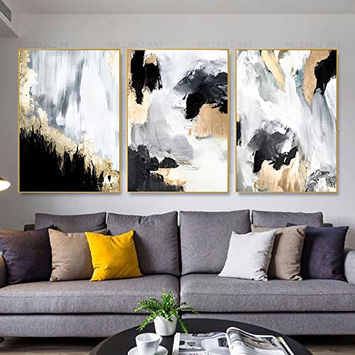 Impression Toile Feuille d'Or Fine KEBIA - Triptyque Abstrait Doré et Noir Qualité Premium