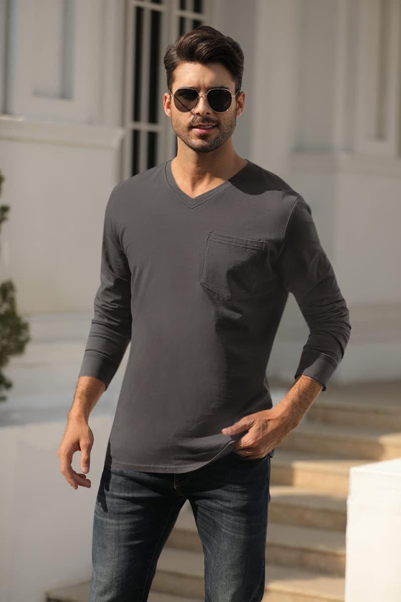 Wihion Men's Long Sleeve V-Neck Tee Shirt Tops with Pocket - Image 3