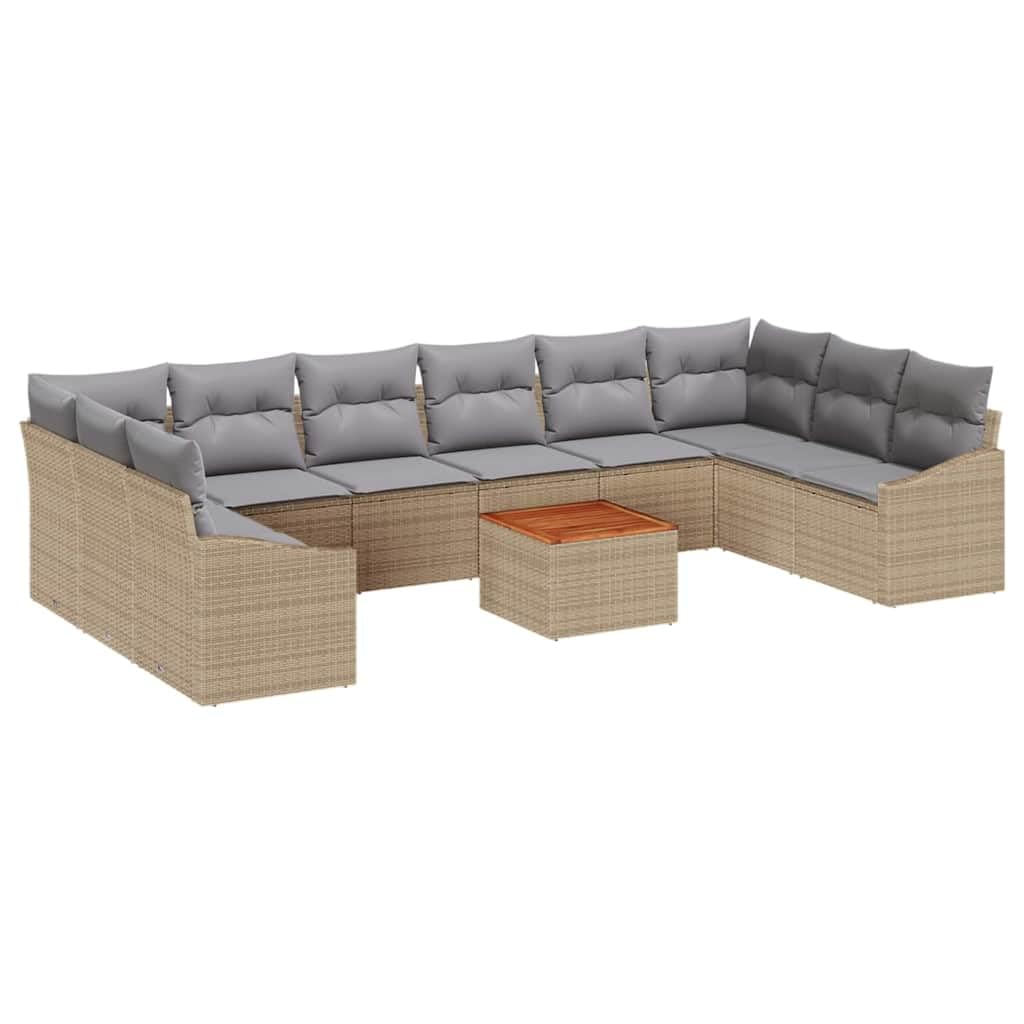 Juego de muebles modulares de polirratán con 11 piezas en color beige y gris claro, con estructura de acero y cojines de espuma suave, incluye seis asientos centrales, dos