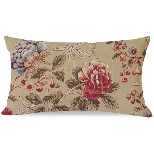HERHOME Vintage Floral Lumbar Decorative Throw Pillow Cover 12x20 Inch Peony Flower Chinoiserie Beige Outdoor Cottagecore Grandmillennial Spring Fall Decor Cushion Cases Decorations for Home Couch