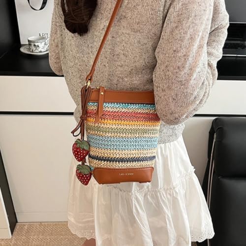 ORBENTO Rainbow Braided Straw Beach Bag for Women Lightweight Summer Shoulder Tote Resort Bucket Purse2