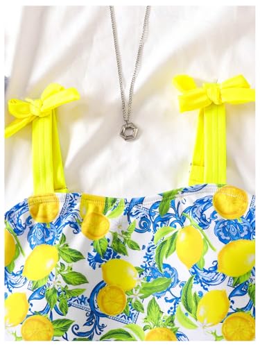 OYOANGLE Girl's One Piece Swimsuit Cute Lemon Print Tie Shoulder Bathing Suits Beachwear4