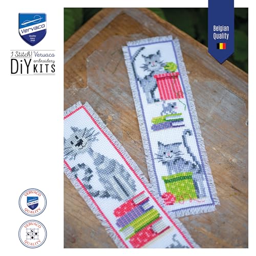 Image of Vervaco Cross Stitch Bookmark Kit Curious Cats 2.4 inch x 8 inch
