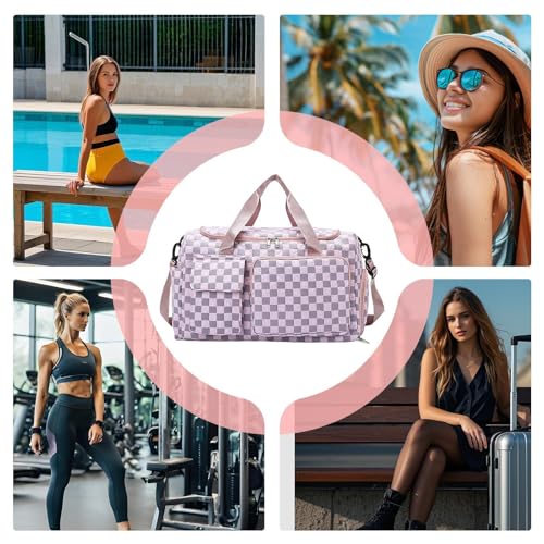 Duffle Bag for Travel - Large Capacity Duffel Pack,Waterproof Plaid Travel Bag with Shoe Compartment for Camping Swimming Beach Swim Pool Sports Gym4