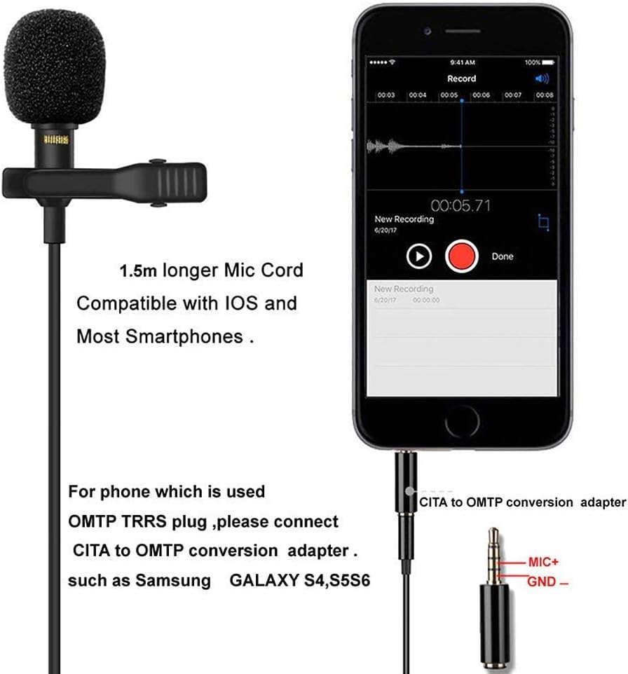 COOLBABY Professional Grade Lavalier Lapel Microphone - Omnidirectional Mic With Easy Clip On System - Perfect For Recording Youtube/Interview/Video Conference/Podcast/Voice Dictation/Iphone/Asmr