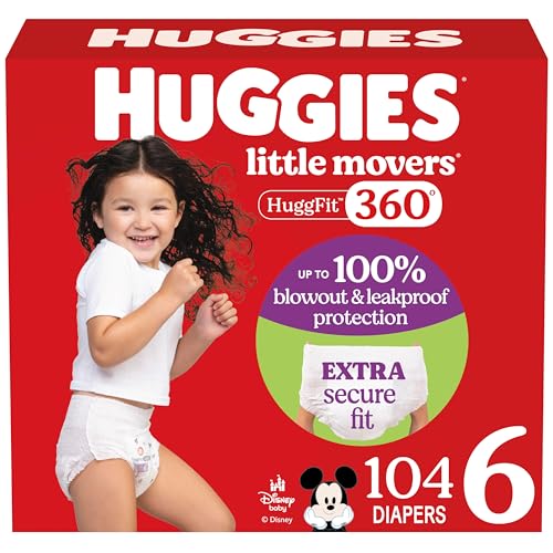 Image of Huggies Size 6 Baby Diapers, Little Movers HuggFit 360° Baby Diapers with 360° Waistband, Size 6 (35+ lbs), 104 Count (2 Packs of 52), Packaging May Vary