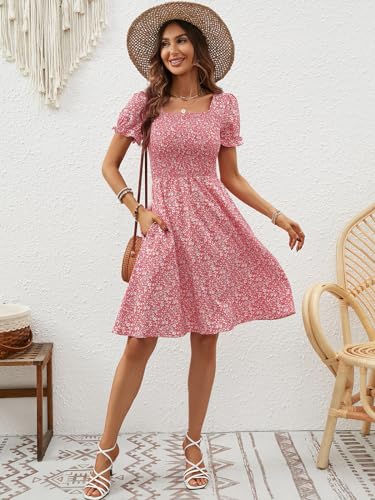 Image of Berydress Women's Summer Dresses 2026 Pockets Short Sleeve Square Neck Flowy A Line Casual Boho Smocked Mini Sun Dress