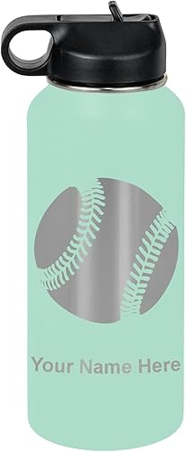 Vista 306 de LaserGram Botella de agua personalizada, pelota de béisbol, acero inoxidable de doble pared aislada al vacío con popote superior, regalo grabado