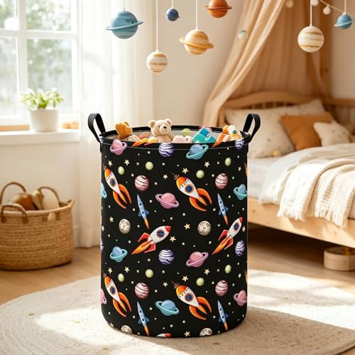 Image of Round Laundry Basket Collapsible Storage Hamper Organizer Planet Rocket | Waterproof Canvas Foldable Baskets with sturdy Handles Multi-scene Organizer for Home Play Bedroom Gift Bin