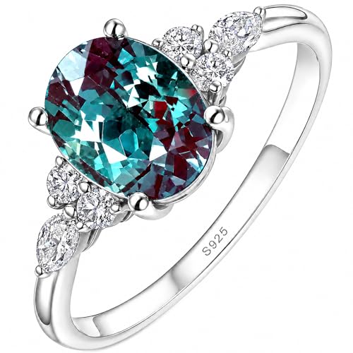 AUMIFY Alexandrite Ring for Women S925 Sterling Silver Plated White Gold Oval Cut 1.5CT Birthstone Promise Ring Valentine's Day Anniversary Mother's Day Christmas for Her Size 7