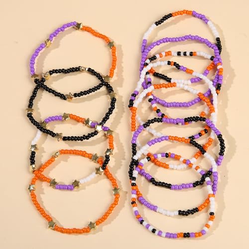Pingyongchang Cute Halloween Beads Bracelets Set Orange Black Boho Stackable Adjustable Multi Layer Stretch Bangle Bracelet Costumes for Women Men as Halloween Party Vacation Friendship Gifts-12pcs4