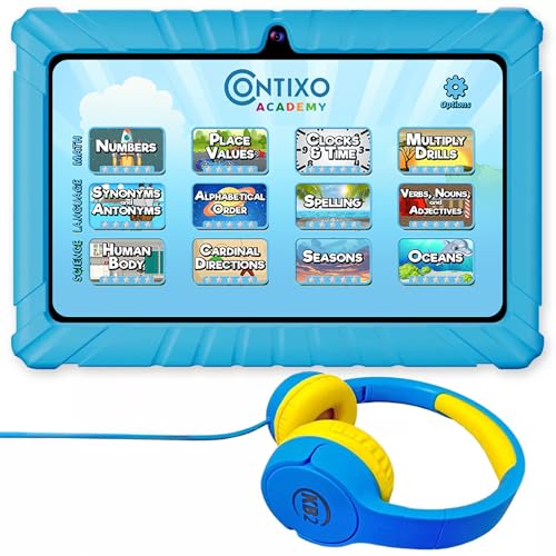 Image of Contixo Kids Tablet Bundle, 7 inch Learning Tablet with Headphones, Blue | 7 inch IPS display, 32GB storage, parental controls, wired headphones, durable case, learning apps, ages 3-12.
