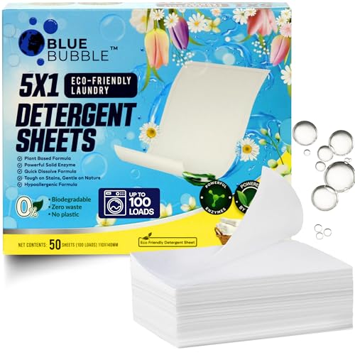 Image of BLUE BUBBLE Eco Friendly Laundry Detergent Sheets Fresh Linen Scent - 5in1 Plant Based Laundry Soap Sheets for Sensitive Skin, Dissolvable Zero Waste Plastic Free Strip - up to 100 Loads
