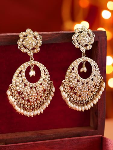 Image of Rubans Chandbali Earrings Kundan Pearl Beads Traditional Wedding Jewellery for Women & Girls