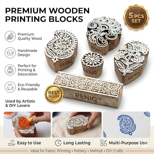 Image of RENIQ Wooden Printing Block for Fabric & DIY Craft | Handcrafted Indian Design Stamp for Textile, Pottery, Mehndi & Home Decor (Multicolor11)