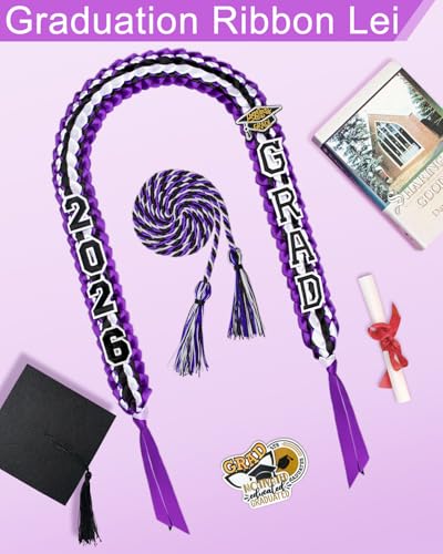 Image of Yigney Graduation Lei Set Class of 2026 Grad Ribbon Leis with Honor Cord Double Braided Graduate Leis for Men Women Purple Black White