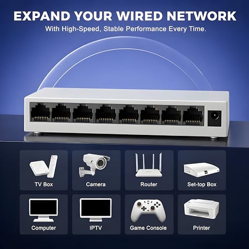 Image of 8 Port Ethernet Switch 10 /100 Mbps Fast Network LAN Splitter Hub | Plug & Play Unmanaged, Fanless Silent Design | RJ45 LAN Expansion for PC, Laptop, Smart TV, CCTV, Router (8 Port)