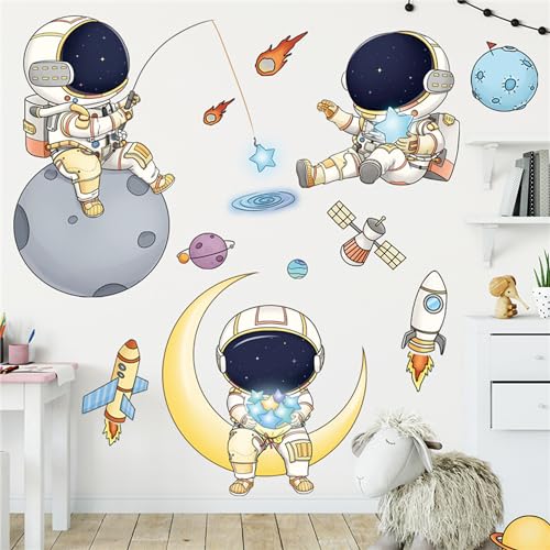 WAFT YEARN Astronaut Universe Outer Space Moon Star Space Ship Wall Decal Removable Wall Sticker Decor for Nursery Classroom Bedroom Bathroom Boys Girls Room Playroom Colorful Peel and Stick Decals