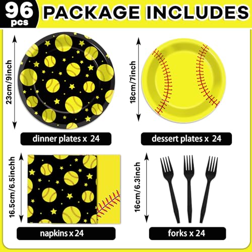 Image of 96Pcs Softball Birthday Party Decorations Paper Plates and Napkins Sets Sports Theme Dessert Disposable Tableware Black Yellow Softball Plates Supplies Team Sport Party Gifts Favors for 24 Guests