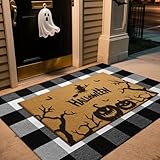 ASPMIZ 2 Piece Halloween Door Mat Combo Set - Black Witch Coir Doormat Non Slip + 28x43 Inches Buffalo Plaid Rug Washable, Halloween Welcome Mat for Front Door Porch Entryway Holiday Decorations