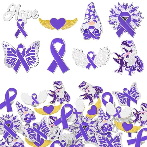 Image of 24 Pcs Purple Ribbon Awareness Pins Accessories Domestic Violence Items Epilepsy Awareness Hope Butterfly Accessories Gifts Bulk for Lupus Epilepsy Pancreatic Cancer Alzheimers Charity Party Supplies