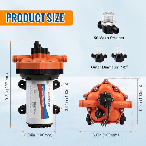 Image of YOUNGTREE 55-Series 110V AC Fresh Water Diaphragm Pump 7GPM 70PSI 110volt 5-Chamber Water Pressure Washdown Pump On Demand with Pressure Switch for Irrigating, Home, Sprinkler, RV, Marine