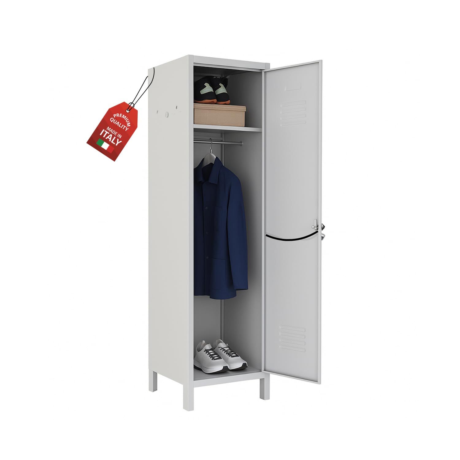 OWIJI Armadietto Spogliatoio Sporco Pulito Grigio Premium Quality Made in Italy 1 Anta 180x36x35 cm Lamiera Ripiano Appendiabiti Cartellino Armadio Palestra Ufficio Garage Salvaspazio Doppia Chiave
