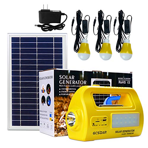 Solar Generator Protable Lighting System Multifuncation Solar Power DC Light Kit Outdoor Indoor Emergency Back Power Bank with Solar Panel,3 LED Bulbs, 2 USB Ports,FM Radio MP3 Music Player (Yellow)